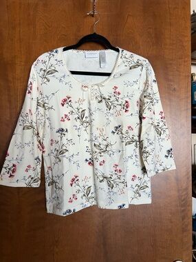 Liz Claiborne Cream Floral Lace-Trim Tunic Top